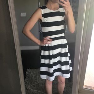 Black/white striped fit and flare dress